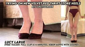 Trying On New Velvet Red Thrift Store Heels BTS Splitscreen