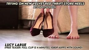 Trying On New Velvet Red Thrift Store Heels BTS Splitscreen