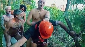 Horny construction workers arrange a loud gay orgy in public during a break.