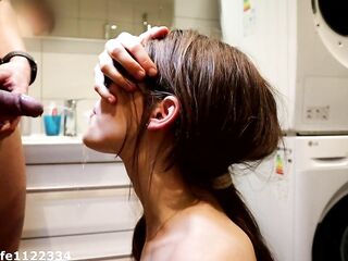 Pissing in the amateur gals throat until that babe begins gagging and then on her face and hair