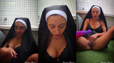 Nun with a monster vibe squirts her tight brown soaked pussy raw