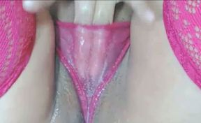 Wet and Juicy Pussy Dripping Squirt Over Panties in Closeup