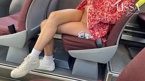 Juicy honey gets nasty solo on crowded coach ride, fingers deep throating pleasure.