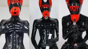 Silicone toy in latex sucks dildo and cums