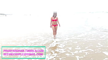 Pranya Walking on beach in Red hot bikini