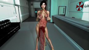 Gorgeous Ada Wong in a transparent dress dances in the Umbrella office