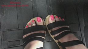 Riding my car in strappy sandals and then a little barefoot play