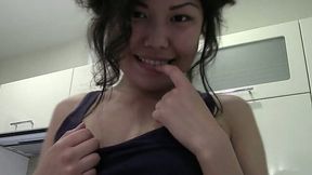 Slim natural amateur Chinese GF poses topless in the kitchen