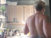 I cook breakfast with my huge tits out, smoking a blunt