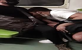 Horny hairy legs guy blowing and masturbating a stranger in the subway