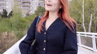 Russian red head Clemence Audiard tempts a man for hardcore sex outdoors