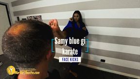 Samy blue gi karate face kicks