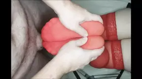 Legs in red stockings masturbate cock, trying to get sperm