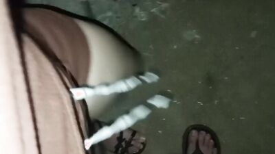 Big Tits flaunts her tits and drinks her own pee in public for neighbors to see