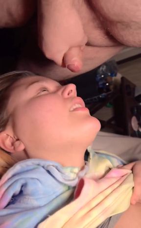 Housewife Gagging on Cock Upside Down, Sucking at the Edge of the Bed, &amp;amp Hot Cum on Tongue!