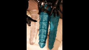 Anal expansion with middle size turquoise dildo and long dildo