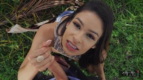 Katana's Brunette Passion Sparks Wild Standing Affair Outdoors
