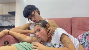 My little stepsister is scared and to help her I give her my huge cock to swallow