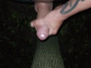 Cumshot behind a tree in the night and showing cum load after cum