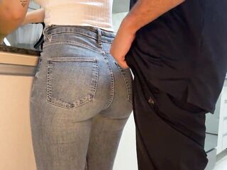 Cumming on my Maid's Jeans in the Kitchen, that babe comes to Work with Constricted Panties to Tease Me (FREE USE)