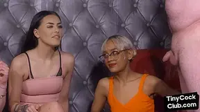 SPH British chicks jerk small cock guy in femdom HJ group