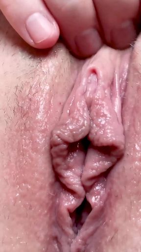 Close-up of swollen hairy pussy full of creamy juices. Big juicy clit and big labia masturbation to orgasm