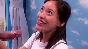 She touches the penis in front of her and takes it deep into her throat while giving it a blowjob.