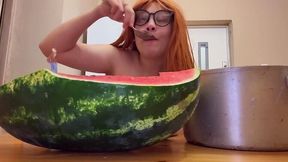 Giantess step-sister eats watermelon while tiny step-brother watches