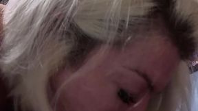 Top-heavy blonde MILF Miley says `Holy Moly` while deepthroating big cock