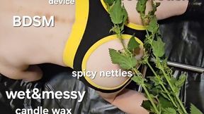 BDSM bondage session "human trap" device, spanking with spicy nettles, hot candle wax, spitt fetish, wet & messy, whipped cream fetish, foot fetish, human furniture and verbal humiliation with dominatrix GospodaricaEmma and Her sub Wolfy01