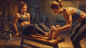 Gym girl in the workout dungeon has her stinky feet tickled by a sadistic kinky personal trainer watch her laugh hysterically haha