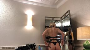 rebecca more from naked into a sexy latex outfit reverse striptease