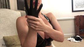 rebecca more from naked into a sexy latex outfit reverse striptease