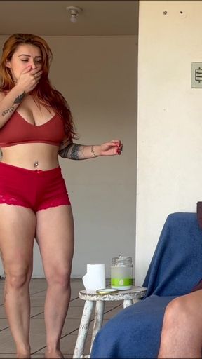 REDHEAD NEIGHBOR CAUGHT ME WITH HEADPHONES JERKING OFF