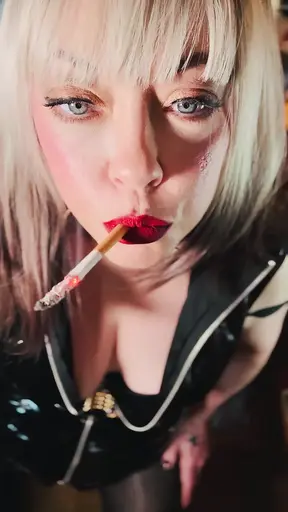 Miss Tina Snua Dressed In PVC & Smoking A Cork Cigarette With Lots Of Dangling, Snap Inhales, OMI & OME