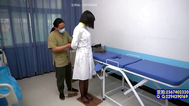 Dark-haired woman bound in rope by male doctor in clinical BDSM session