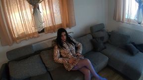 blue bodystocking & downcoat blowjob – warm cum on my coat