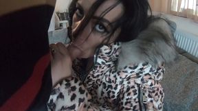 blue bodystocking & downcoat blowjob – warm cum on my coat