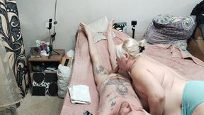 mother-in-law milks cock with her mouth and swallows cum before work