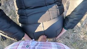 Public Risk in Tight Leather &ndash_ Cameltoe, Blowjob &amp_ Cum on My Downjacket Twice 235