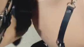 Teen Girl Hardcore Straps On Guy with Huge Dildo with moans on a leash Public Outdoors, Pegging