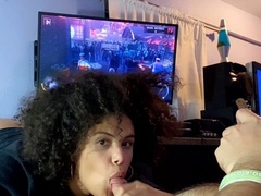 Busty amateur wife handjob and blowjob with cum in mouth