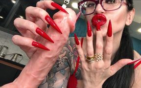 Long Red Nails, Sharp Claws, Fingers Sucking and Hot Handjobs