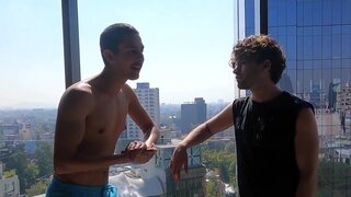 Cutie with curly hair kissing and jerking in the morning