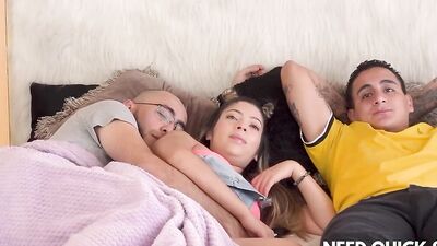 Cute doll is cuddling with her college mates in a 3some