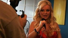 Backstage interview with gorgeous blond haired super busty porn actress