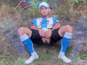 Horny Soccer player male-pussy outdoor training with cum and milk enema in the football ki