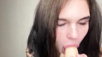 Little spit slut chokes on thick cock solo