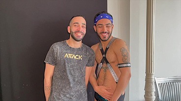 SPanish boy fucking bareback in backroom in fetish outfits