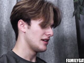 Masseur step son taking care of excited step daddy